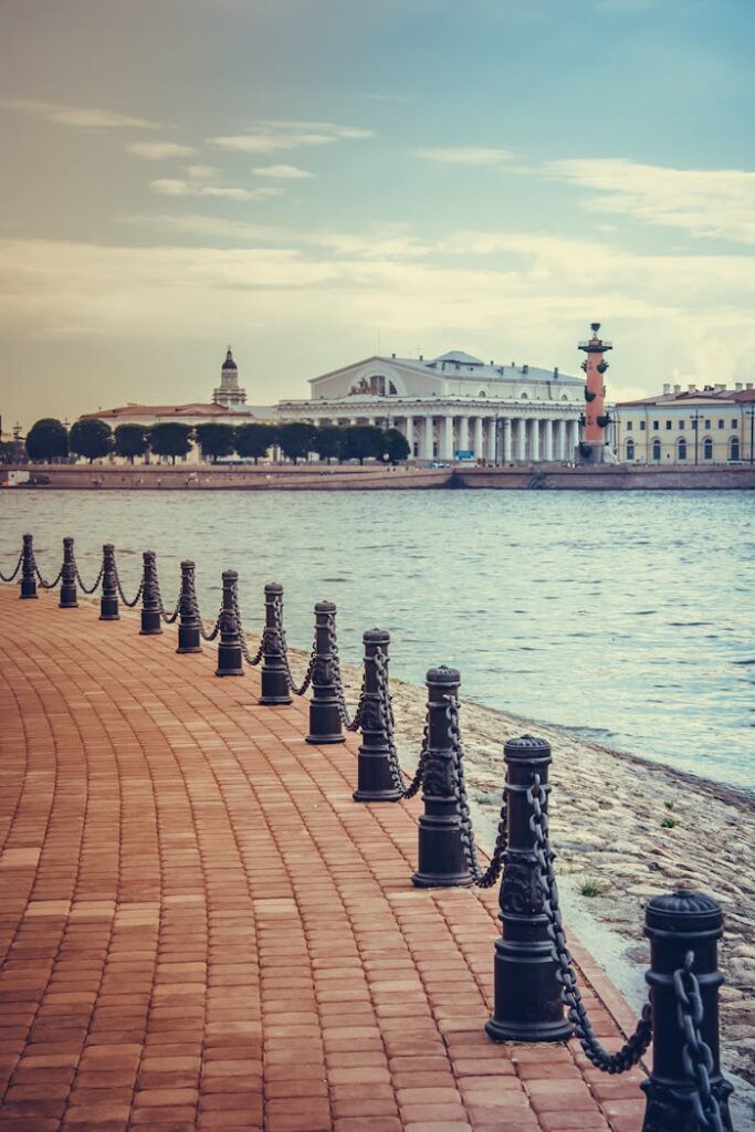 Iconic St. Petersburg waterfront capturing cityscape and architecture at a serene daytime view.